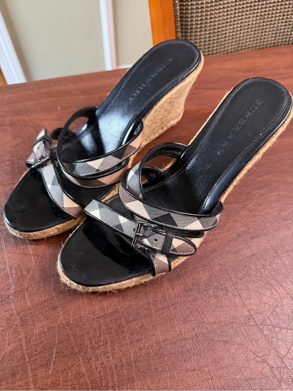 Burberry Black with Beige Check Espadrille Slide Sandals